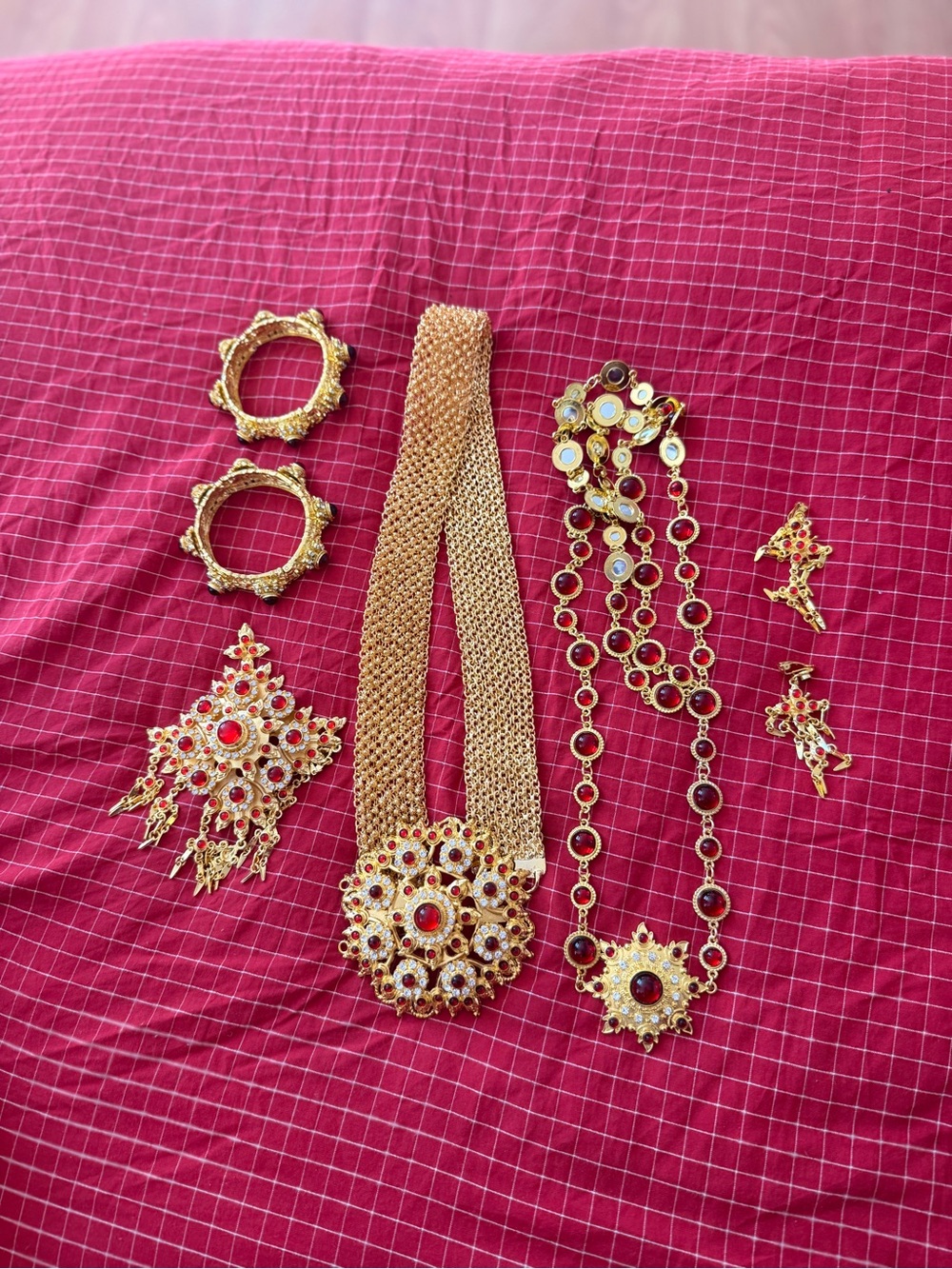 Lao Thai Cambodian Gold Jewelry Set with Red Gemstones